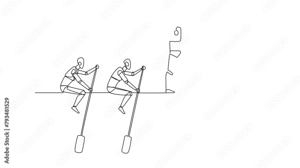 Poster self drawing animation of continuous one line drawing three robots ride arrows. teamwork with two of