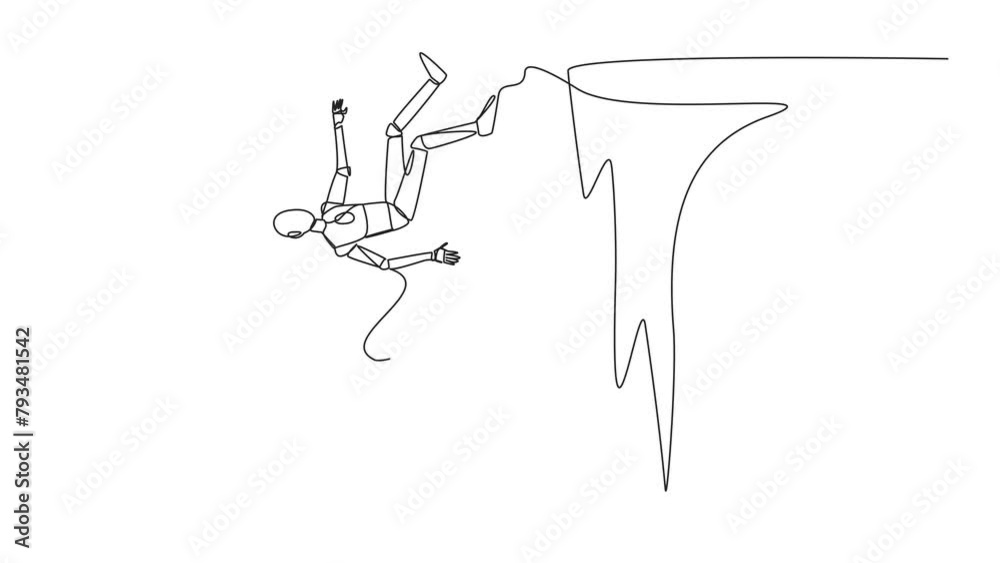 Poster animation of single continuous line drawing robot fell off a cliff but was held up by a big hand. te