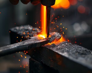 Blacksmith forges hot metal on anvil with hammer and sparks - obrazy, fototapety, plakaty