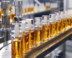 Bottles of essential oil on a conveyor belt.