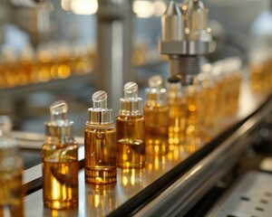 Bottles of essential oil on a conveyor belt