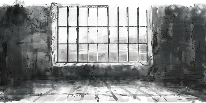 Isolation: The Barred Window and Desolate Landscape - Imagine a barred window overlooking a desolate landscape, illustrating the isolation and confinement often experienced by members of evil cults