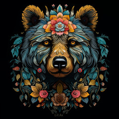 bear head spiritual art featuring aspects of divinity & wildflowers