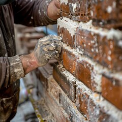 gloved hand repairing a brick wall