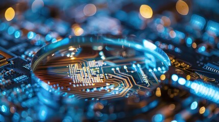 Industrial Magnifier Focused on Graphic Data for Technology Inspection and Analysis with beautiful neon colors