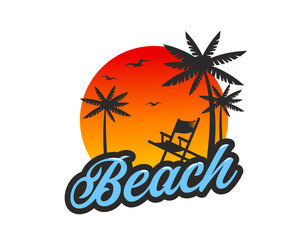 Tropical summer beach icon with palm trees and daybed at seaside with sun and flying gulls in bright dusk sky. Isolated vector emblem for summer travel, vacation or holiday time on paradise island