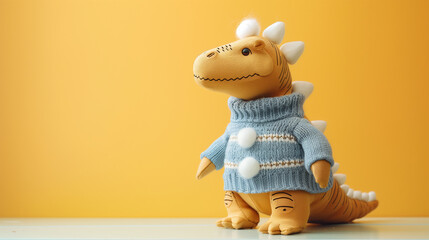 Cute Dinosaur Toy in Sweater on Yellow Background