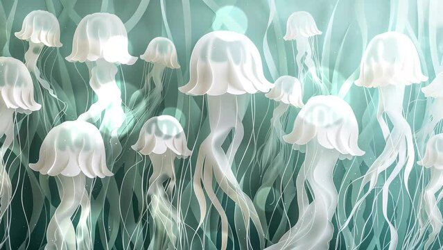 jellyfish garden paper cut template with translucent. seamless looping overlay 4k virtual video animation background