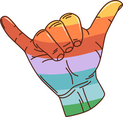 Cartoon retro groovy aloha shaka gesture. Isolated vector surf hand sign meaning a warm greeting, expressing goodwill, relaxation, and a laid-back attitude. Human palm with rainbow pattern and fingers
