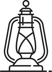 Light and vintage kerosene lamps thin line icon. Miner vintage light equipment, retro kerosene lantern, camping old gas or oil lamp linear vector symbol or outline pictogram