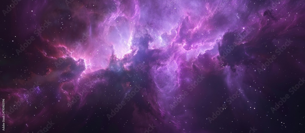 Wall mural in the vast darkness of space, a stunning purple nebula is illuminated by twinkling stars against a 