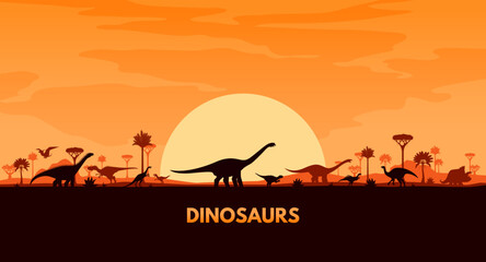 Jurassic era landscape with dinosaur silhouettes. Vector background with lush tropical trees beneath a golden sunset, mountains in the distance, silhouettes of majestic dino roaming across the horizon