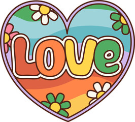 Cartoon retro groovy love heart with rainbow, vibrant, psychedelic colors and daisy flowers. Isolated vector symbol encapsulates free spirit of the 60s and 70s hippie movement or Valentines day
