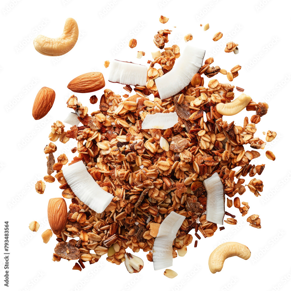 Wall mural a sleek arrangement of granolas nuts and coconut chips rests elegantly on a crisp transparent backgr