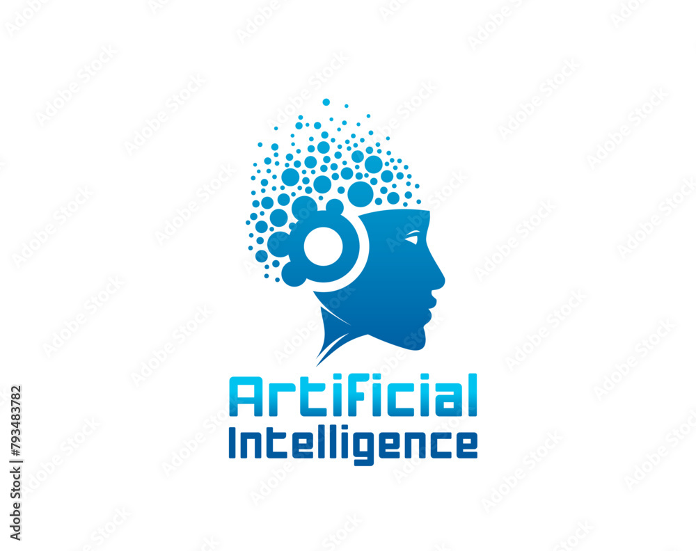 Poster Ai artificial intelligence icon, computer brain, machine learning. Data technology isolated vector emblem with human or robot head profile and brain dots, symbolizing neural networks algorithms