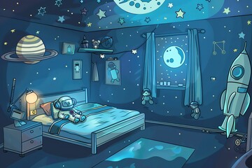 Cartoon cute doodles of a space-themed bedroom with glow-in-the-dark stars on the ceiling, rocket ship bed, and astronaut teddy bears, Generative AI