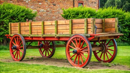Fototapeta na wymiar Wooden cart with red wheels in the yard of a country house