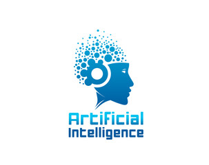 Ai artificial intelligence icon, computer brain, machine learning. Data technology isolated vector emblem with human or robot head profile and brain dots, symbolizing neural networks algorithms
