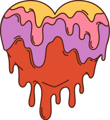 Groovy cartoon retro hippie love melt heart for Valentine or wedding, vector icon. 70s hippie and groovy cartoon heart with syrup melt or candy flow for romance and love sticker or t-shirt print