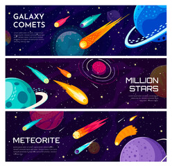 Galaxy universe banners. Comets and planets, stars and asteroids. Vector horizontal cards, capture celestial majesty of space, vibrant meteorites, shimmering shooting stars and drifting bolides