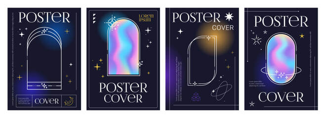 Holographic Y2K gradient posters and neon glow backgrounds with frame, vector cover templates. Y2K posters with holograph or iridescent color gradient and aesthetic geometric minimal line frames - obrazy, fototapety, plakaty