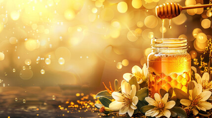 A jar of honey is poured into a glass. - obrazy, fototapety, plakaty