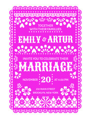 Wedding invitation , Mexican papel picado paper cut banner. Vector fuchsia colored invite card template with traditional floral pattern, in style of festive spirit of Mexico, joy, love and celebration