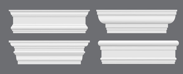 Moulding cornice, trim molding, house ledge. Plaster, wooden or styrofoam interior wall skirting baseboard. Realistic 3d vector white ceiling crowns, elegant architectural details to a room upper edge