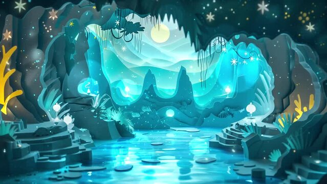 enchanted lagoon paper cut template with sparkling. seamless looping overlay 4k virtual video animation background