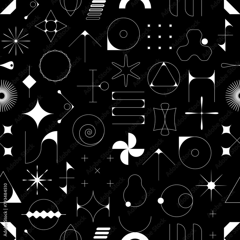 Poster brutalism futuristic shapes and geometric figures seamless pattern. wallpaper print, textile vector 