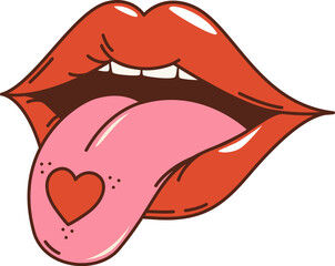 Cartoon retro groovy hippie love lips with tongue out and heart, vector funky comic. 70s hippie art and groovy cartoon style art element of lips kiss with tongue lick for hipster funky t-shit print