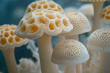 Fungi in various habitats, with a white one on a tree and a green one on the forest floor - obrazy, fototapety, plakaty