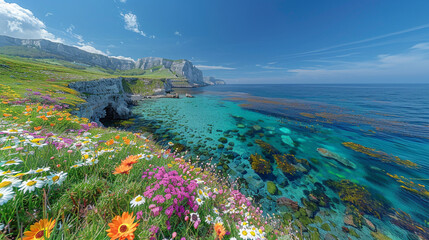Lush lavender fields paint a vibrant landscape against a backdrop of the clear blue Aegean Sea