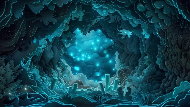 bioluminescent cave paper cut template with eerie. seamless looping overlay 4k virtual video animation background