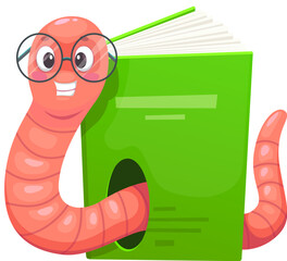 Funny bookworm character makes a hole in book, reading and education animal vector personage. Cartoon cute book worm, earthworm or caterpillar insect nerd character with glasses and library textbook