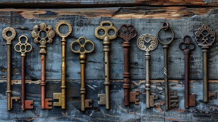 On a weathered wooden table sits a collection of antique keys