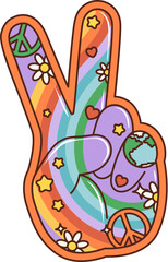 Cartoon retro groovy victory sign. Isolated vector hippie-style gesture is made with the index and middle fingers raised in a peace symbol, with rainbow, flowers and hearts pattern, embodying harmony