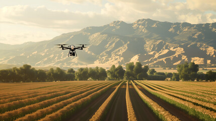 Drone Flying Over Agricultural Fields with Scenic Mountain View - obrazy, fototapety, plakaty