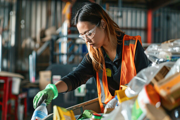 Manager oversees waste reduction efforts, employees sorting recyclables, composting organic waste in waste recycling factory.