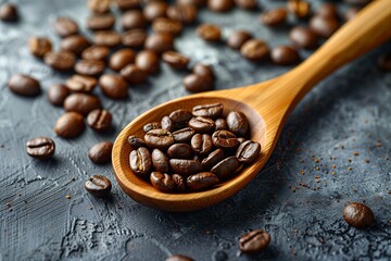 Roasted Coffee Beans on Wooden Spoon. Spoonful of glossy roasted coffee beans lying on a textured surface, ready for grinding and brewing. - obrazy, fototapety, plakaty