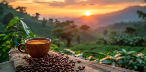 Cup of Coffee with Sunrise Over Plantation. Rustic cup of steaming coffee overlooks a scenic plantation at sunrise, evoking the origin and tradition of coffee cultivation. - obrazy, fototapety, plakaty