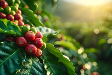 Fresh Coffee Cherries in Sunlit Plantation. Bright red coffee cherries glisten with morning dew...