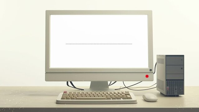 old desktop computer with a blank white screen monitor. seamless looping overlay 4k virtual video animation background