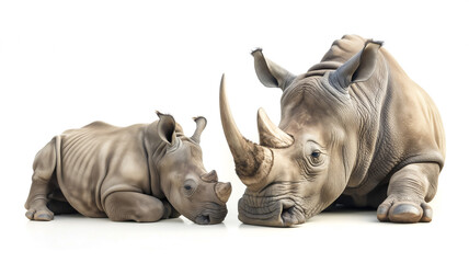An adult rhinoceros and calf side by side on a white background, exhibiting their bonds. - obrazy, fototapety, plakaty
