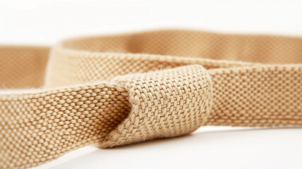 Beige woven fabric belt on a white surface, detail of texture and craftsmanship.