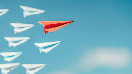 Red Paper Airplane Leading White Ones, Leadership Concept