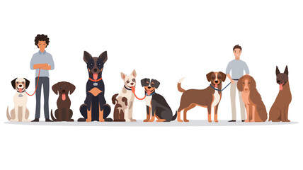 Illustration of diverse dogs with their owners, displaying various breeds and sizes.