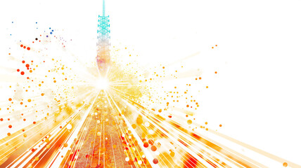 Abstract explosion of colors with a tower silhouette, representing communication and energy.