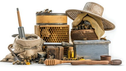 Beekeeping tools and equipment with bees, showcasing honey production elements.