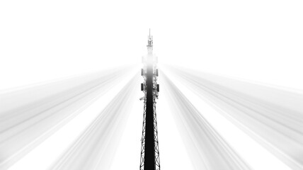 Monochromatic image of a communication tower with radiating white light beams.